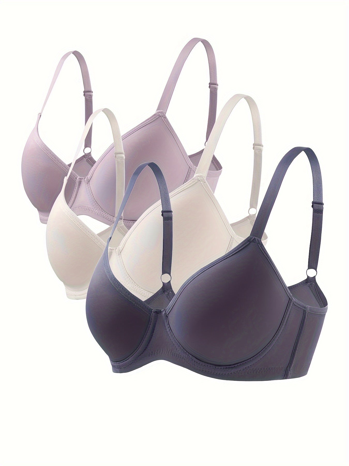 3pcs Simple Solid Push Up Bras, Comfy & Breathable Everyday T-Shirt Bra, Women's Lingerie & Underwear