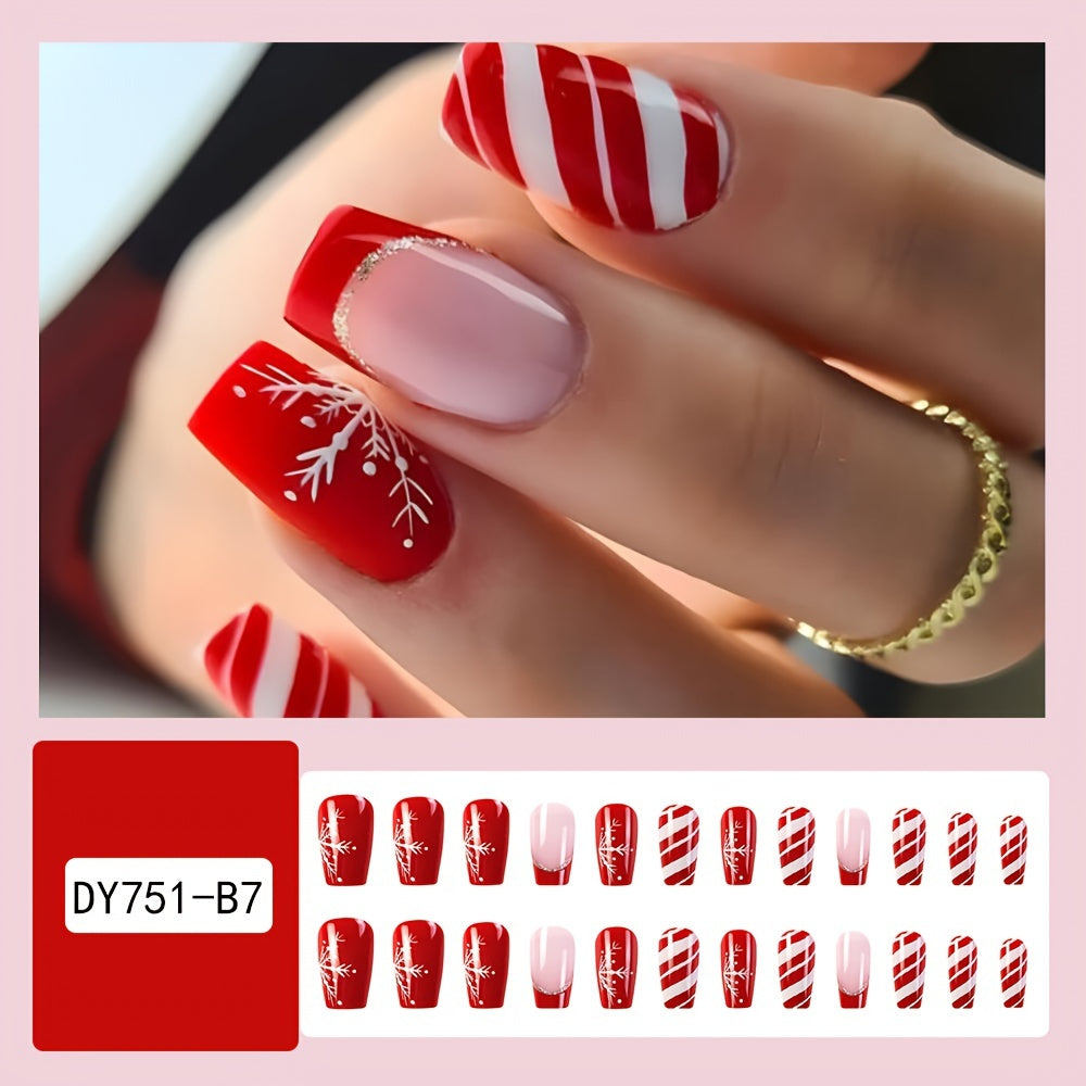 24pcs Christmas Nail Art Set, Pink & Red with Snowflake & Stripes, French Style Glitter, Short Coffin Press-On Nails, Ballet Shape, Full Cover False Nails for Women and Girls