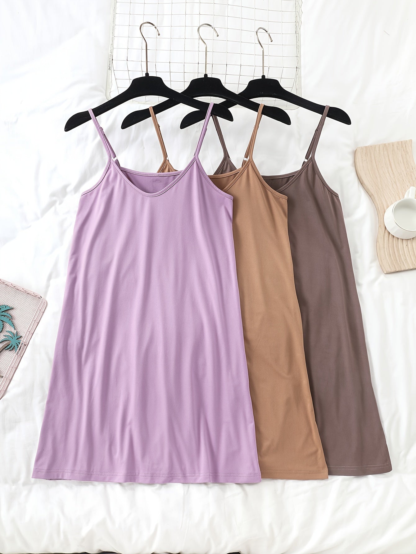 3pcs Simple Solid Nightdress, Crew Neck Spaghetti Strap Sleep Dress, Women's Sleepwear & Dresses