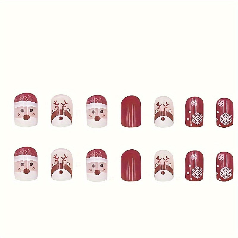 24-Piece Christmas Nail Art Set - Red Toned Short Oval Nail Tips with Glossy Finish Featuring Cute Santa, Reindeer & Snowflake Designs