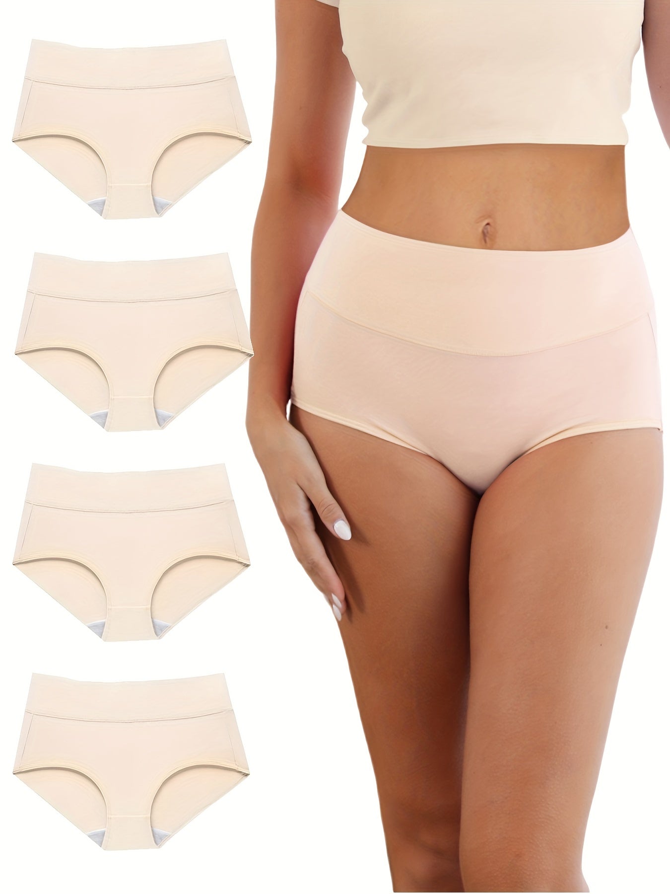 4pcs Women's Simple Panties Set, Plus Size Solid Elastic Waistband High Waist Breathable Underwear