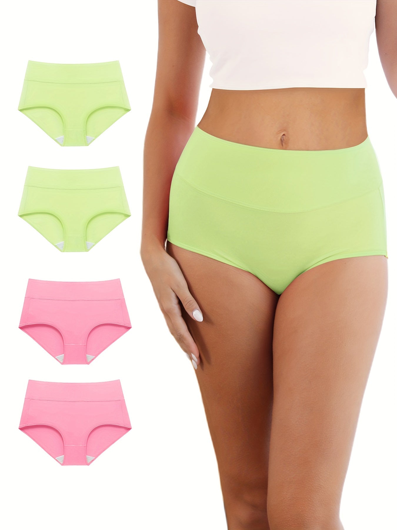 4pcs Women's Simple Panties Set, Plus Size Solid Elastic Waistband High Waist Breathable Underwear