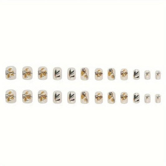 24pcs Set of Short Square Press-On Nails with Golden Leaf & Floral Designs - Glossy Finish, Full Cover Acrylic Fake Nails for Women and Girls, Includes Nail File - Perfect for Daily Wear