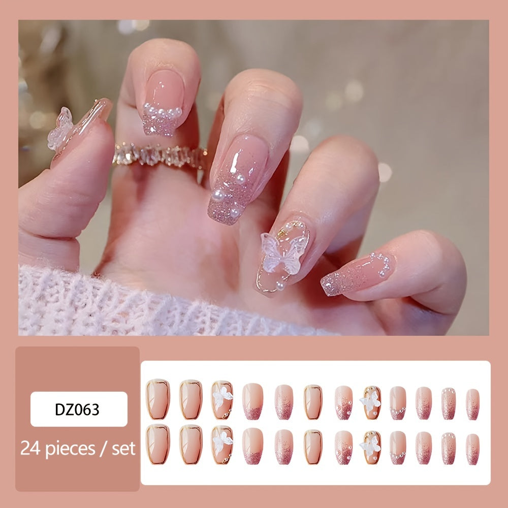 24pcs Nude Press On Nails, Medium Ballerina Fake Nails With 3D Crystal Butterfly Adn Pearls Design, Pink Glitter False Nails For Women And Girls