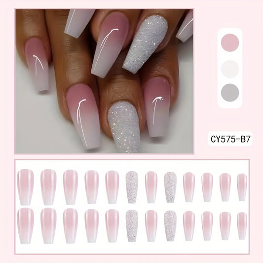 24 Pcs Glossy Long Coffin Press On Nails Gradient Pinkish And White French Style False Nails Glitter Reusable Fake Nails