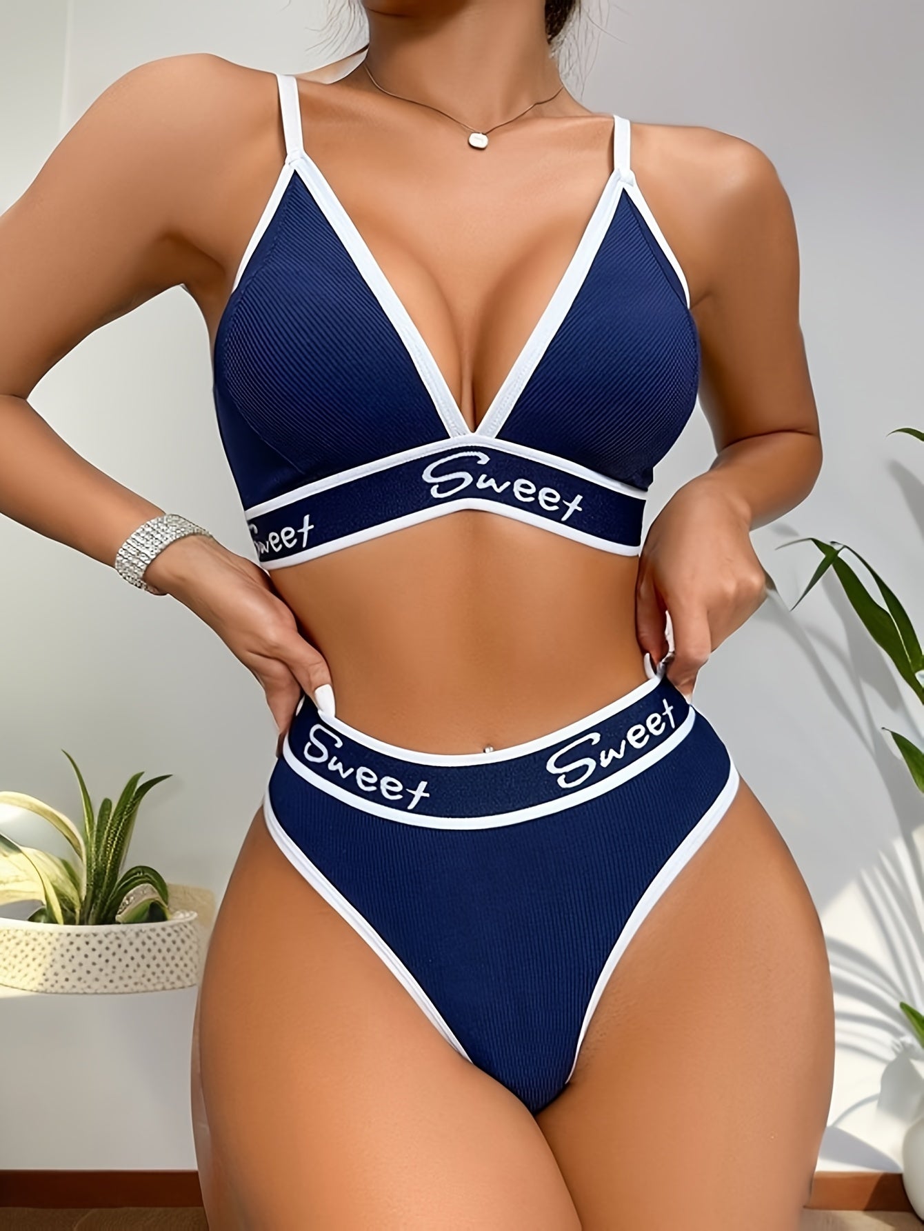 Sporty Contrast Trim Letter Bra & Panty, Triangle V Neck Spaghetti Strap Bra & High Waist Panties Lingerie Set, Women's Lingerie & Underwear