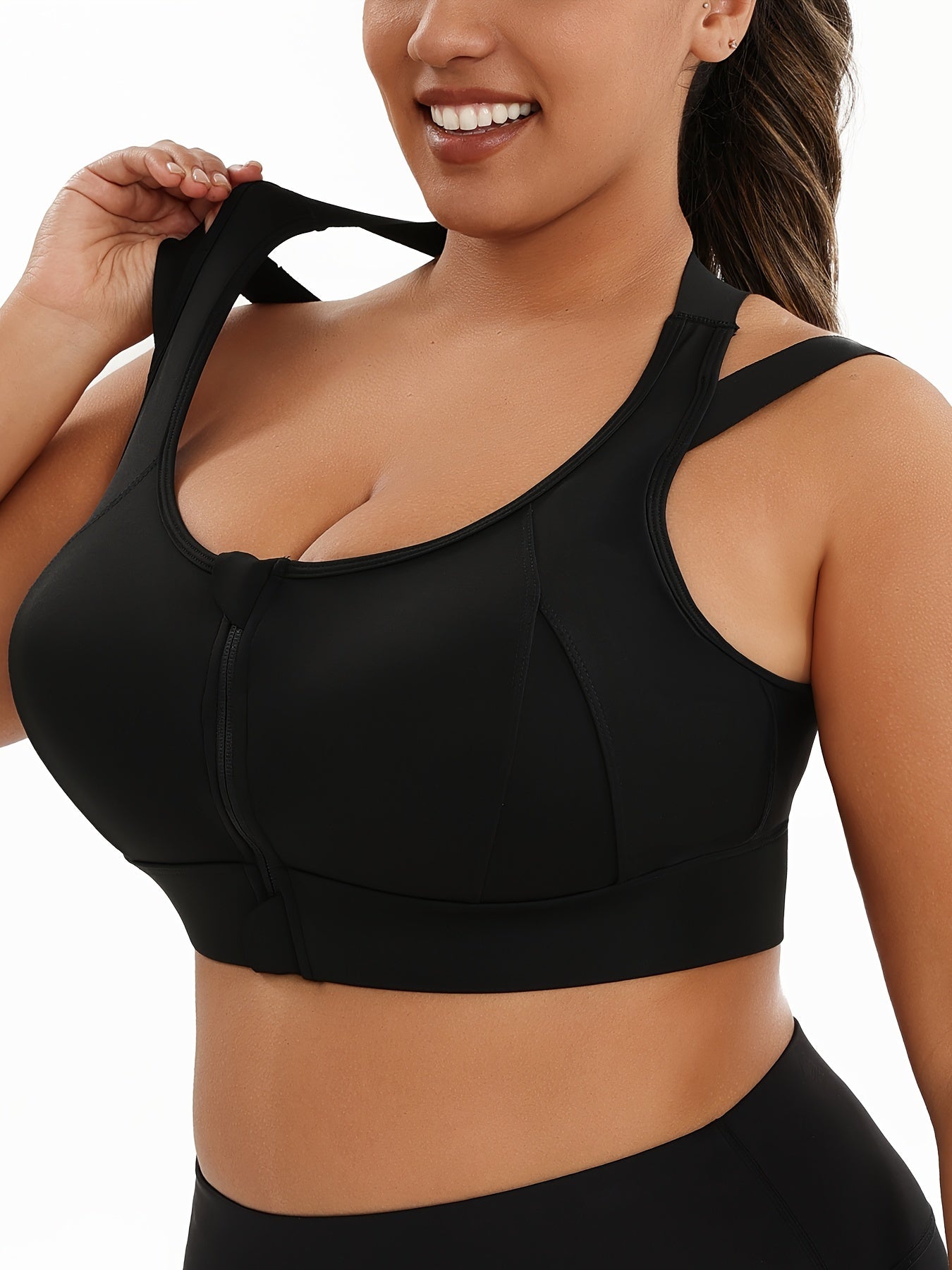 Women's Plus Size Sports Bra, Front Zip Closure, High Support Fitness Active Wear, Breathable Comfortable Lingerie, For Basketball Yoga Sports, Simple Look