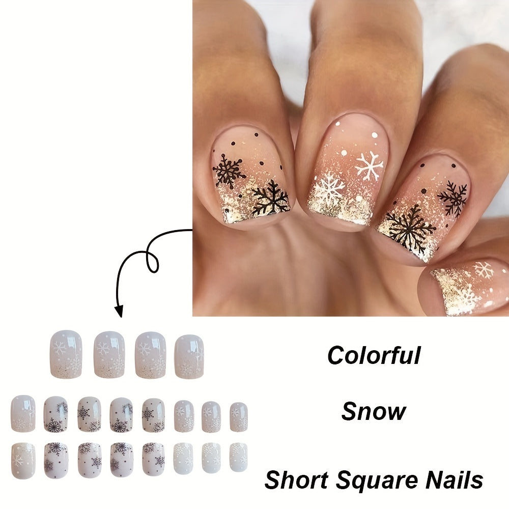 24pcs Set of Glossy Short Square Press-On Nails with Snowflake Design - Festive Christmas Fake Nails in White, Full Cover Acrylic False Nails for Women & Girls, Easy to Apply & Remove