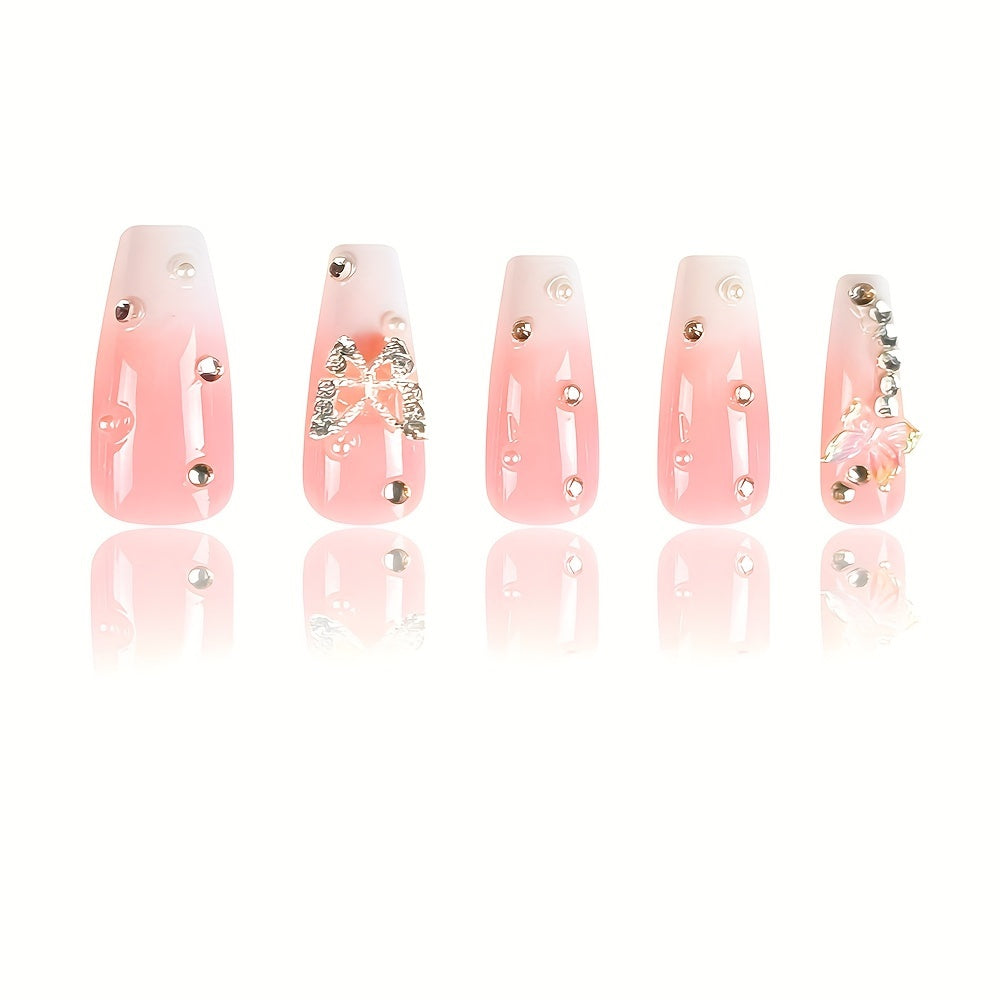 24 Pcs Glossy Medium Long Coffin Press On Nails - Pinkish Gradient False Nails With Butterfly Rhinestone Decor - Reusable Fake Nails For Women