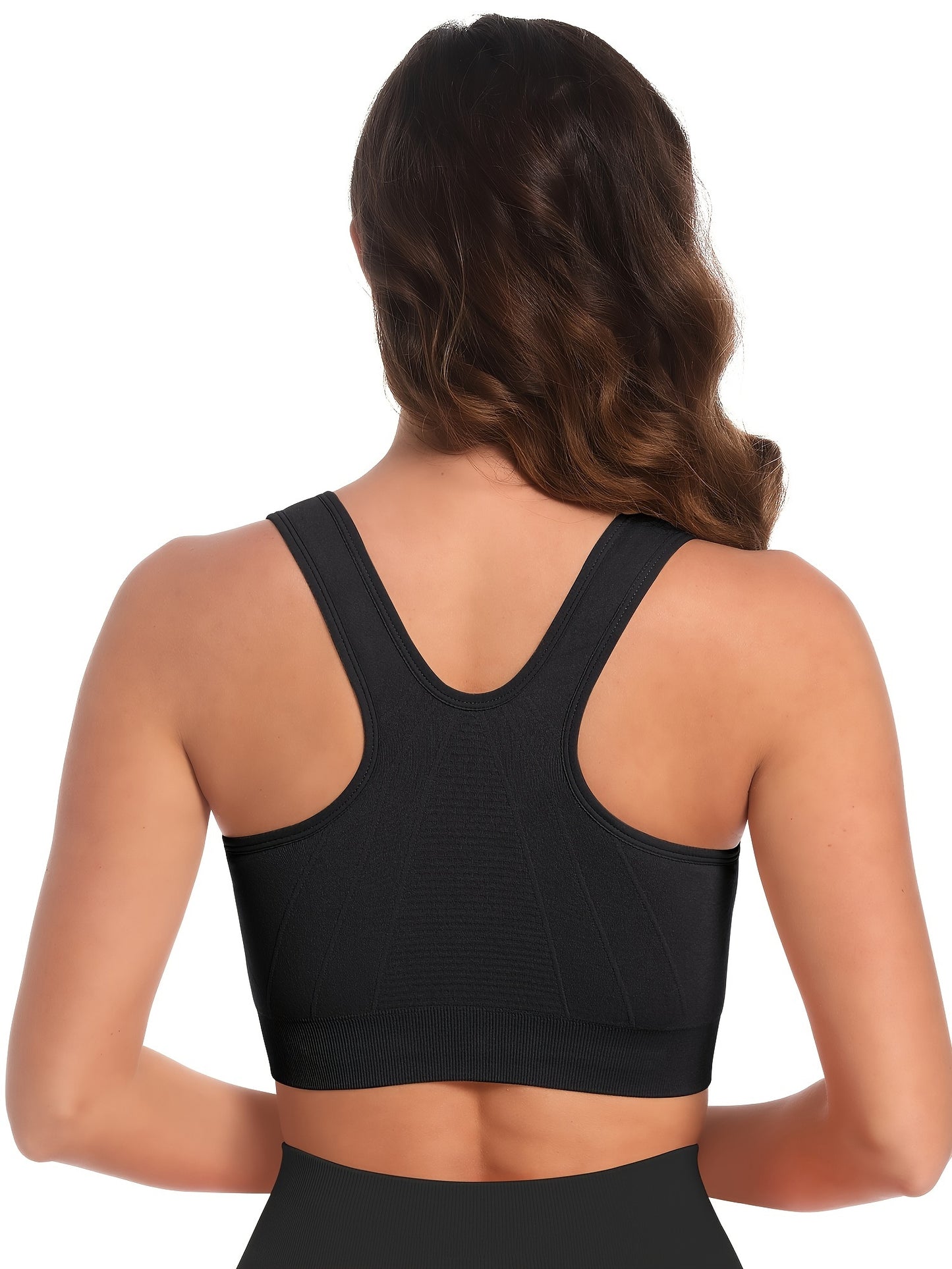 3pcs Plus Size Women's Zip Front Yoga Sports Bra, Seamless Wirefree Post Surgery Padded Racerback Workout Gym Yoga Bra, Women's Activewear