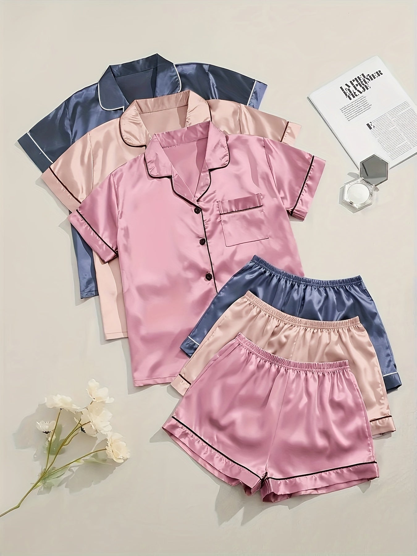 3 Sets Solid Satin Pajama Set, Casual Short Sleeve Buttons Lapel Top & Elastic Shorts, Women's Sleepwear