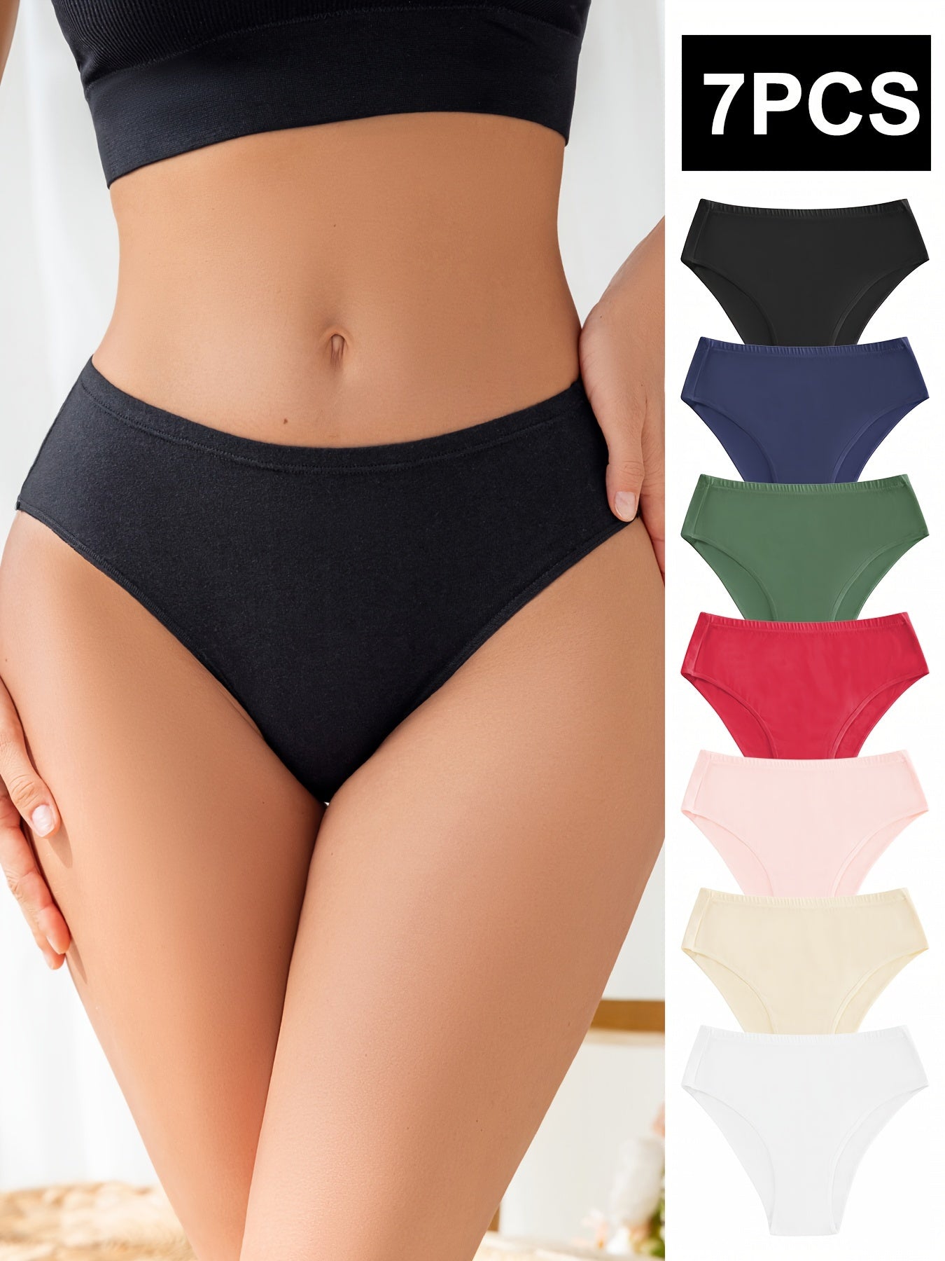 7pcs Simple Solid Briefs, Soft & Comfy Stretchy Intimates Panties, Women's Lingerie & Underwear