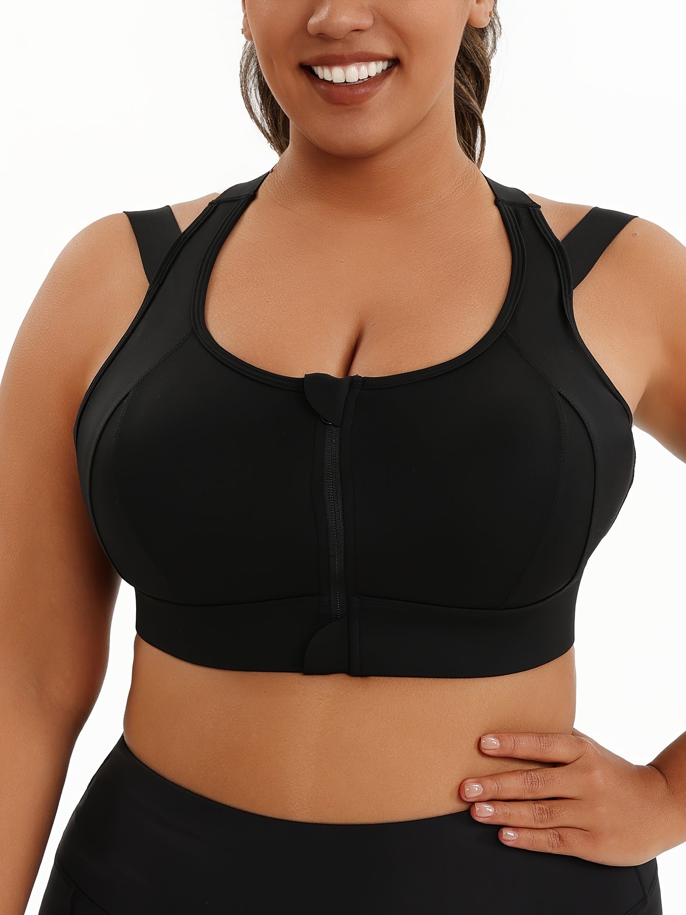 Women's Plus Size Sports Bra, Front Zip Closure, High Support Fitness Active Wear, Breathable Comfortable Lingerie, For Basketball Yoga Sports, Simple Look