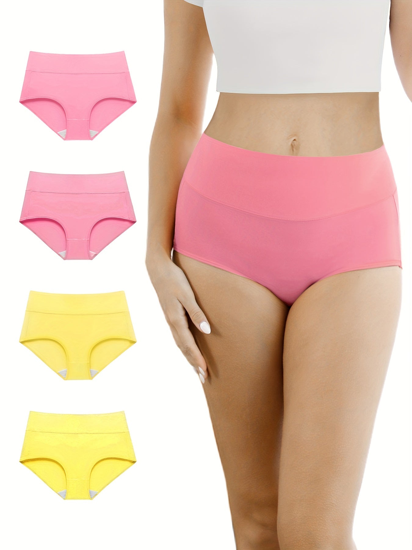 4pcs Women's Simple Panties Set, Plus Size Solid Elastic Waistband High Waist Breathable Underwear