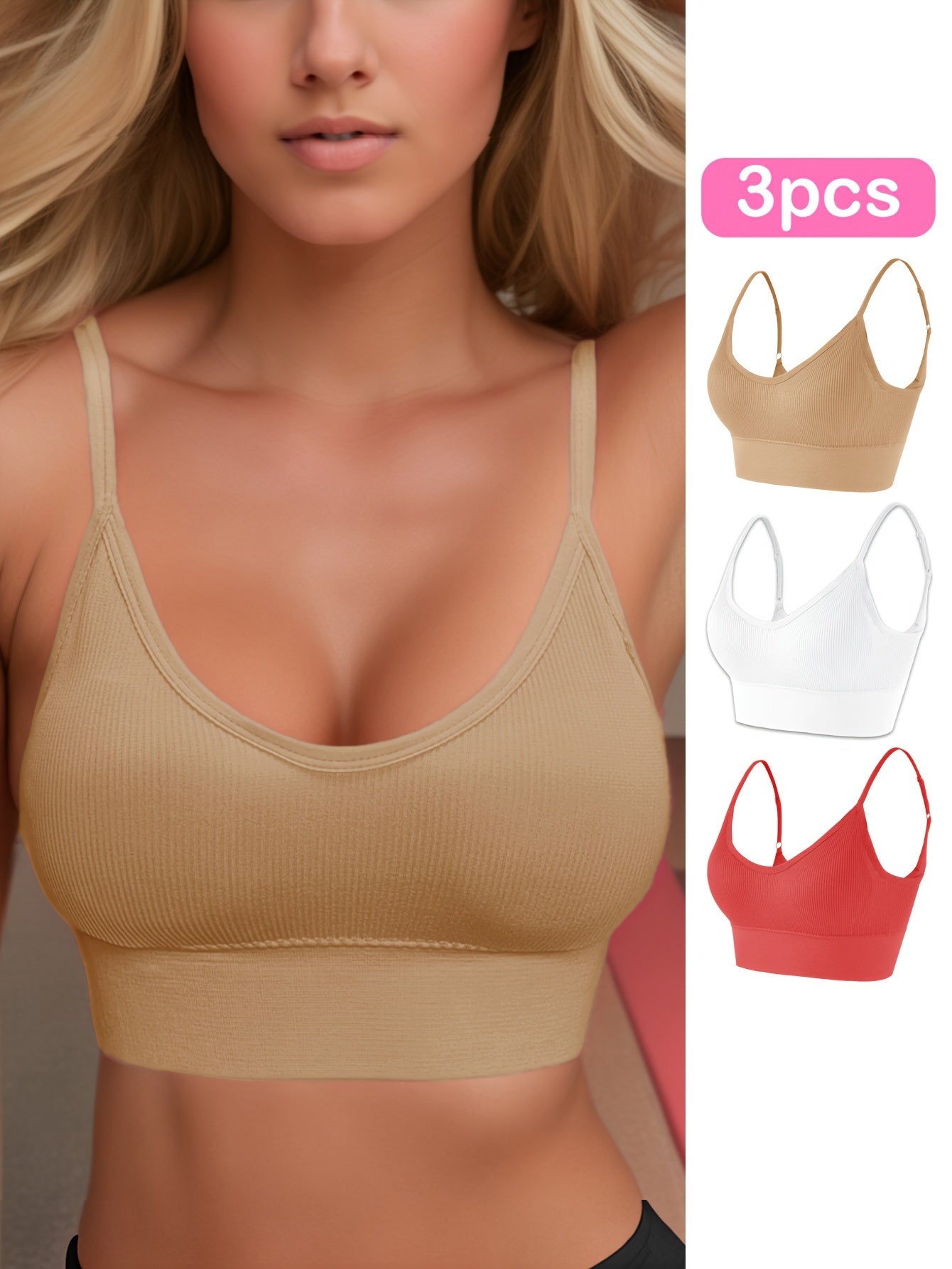 3pcs Solid Ribbed Sports Bra, Comfy & Breathable Fitness Workout Intimates Bra, Women's Lingerie & Underwear