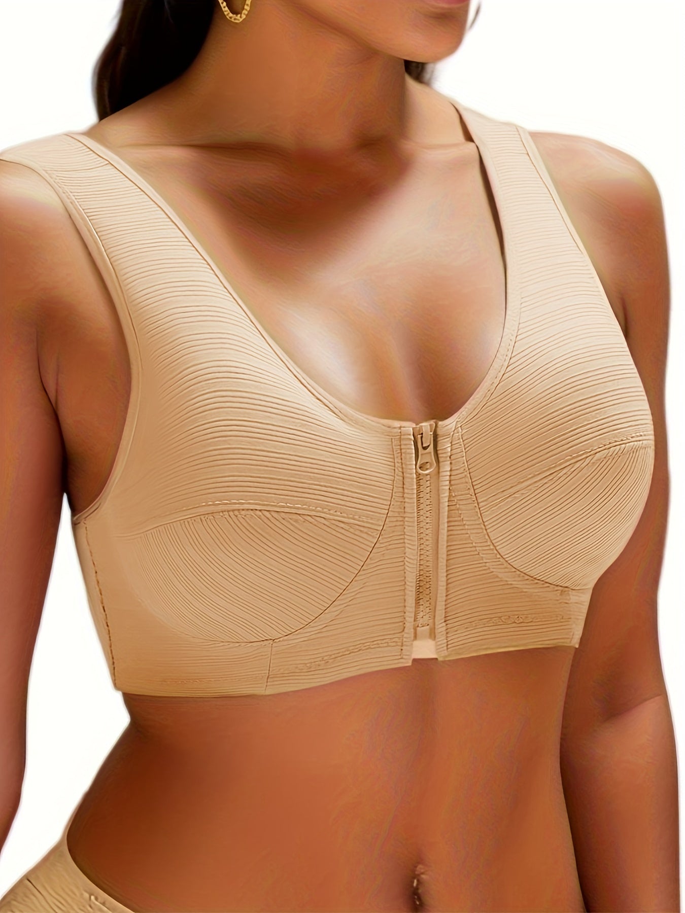 Simple Solid Striped Bra, Comfy & Breathable Zipper Front Wireless Bra, Women's Lingerie & Underwear