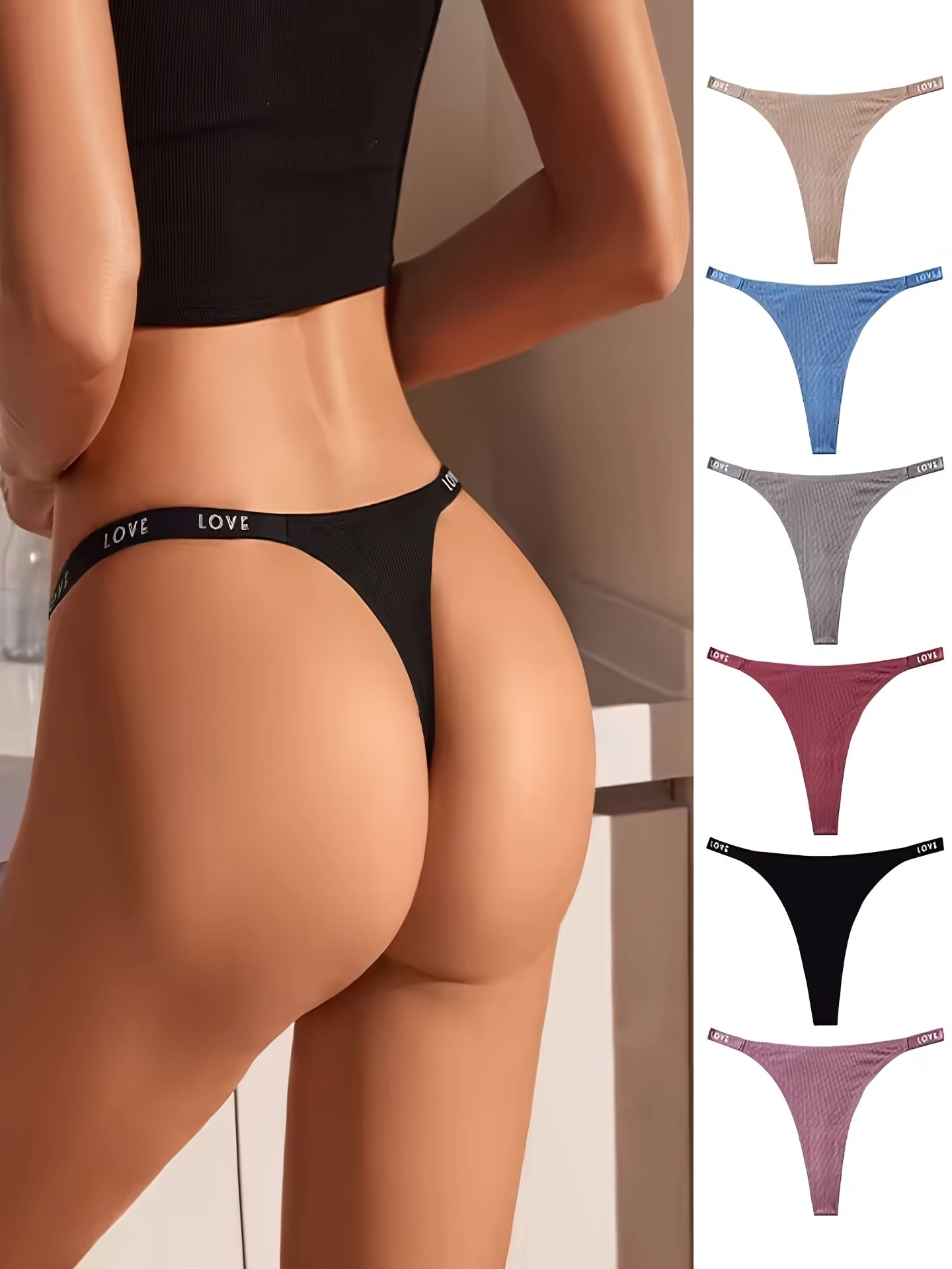 7pcs Women's Thong LOVE Prints Breathable Thongs, Sexy Comfy Stretchy Intimates Panties, Women's Lingerie & Underwear