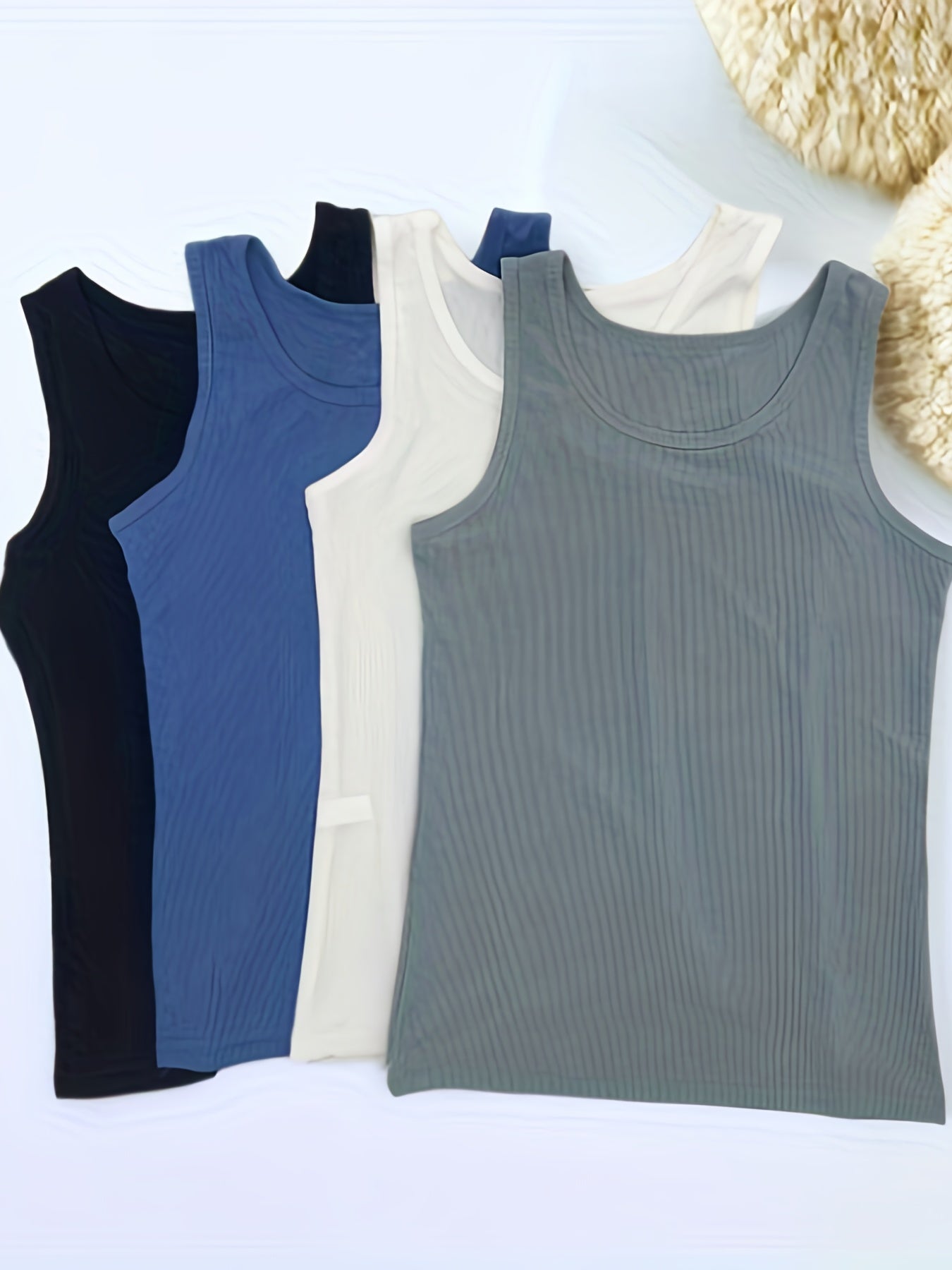 4pcs Solid Ribbed Tank Tops, Comfy & Breathable Crew Neck Top, Women's Lingerie & Underwear