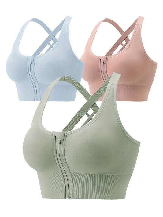3pcs Zipper Sports Bras, Breathable High Impact Criss Cross Back Bra, Women's Lingerie & Underwear