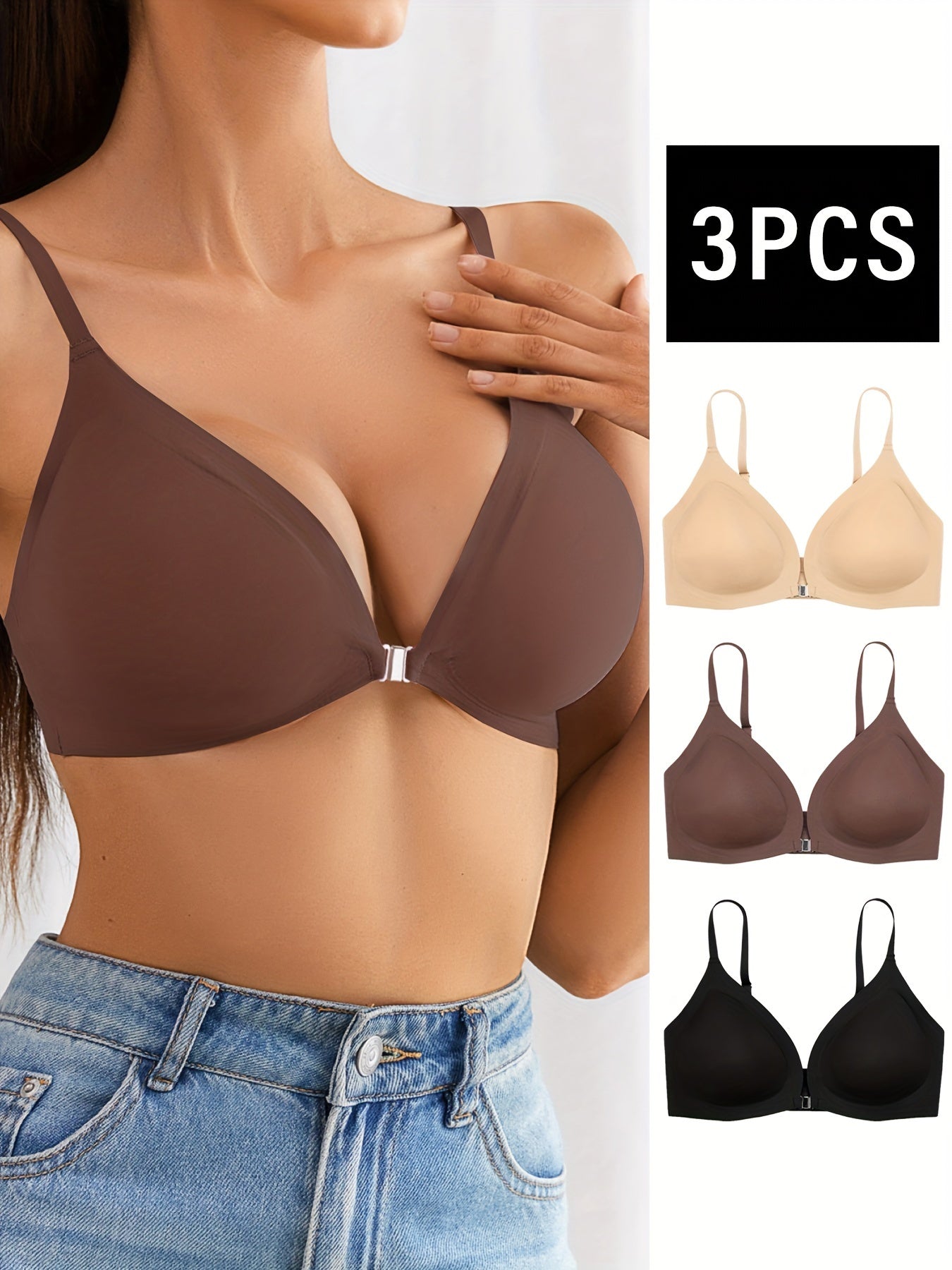 3pcs Seamless Solid Wireless Bras, Comfy & Breathable Front Buckle Push Up Bra, Women's Lingerie & Underwear