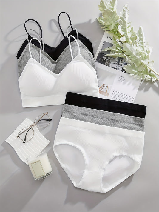 3 Sets Solid Ribbed Bra & Panties, Push Up Bra & Elastic Panties Lingerie Set, Women's Lingerie & Underwear