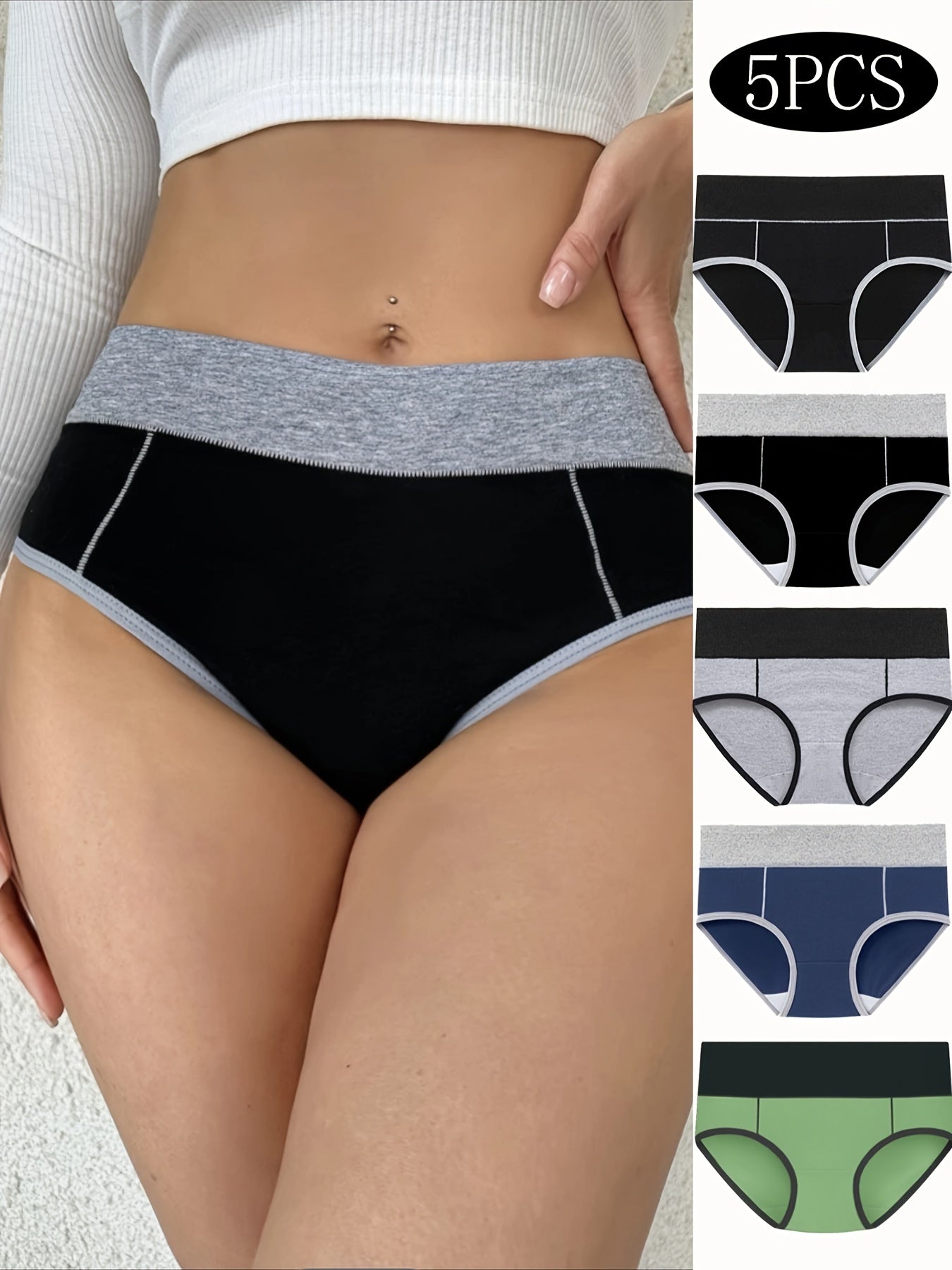 5pcs Colorblock Trim Briefs, Comfy & Breathable Stretchy Intimates Panties, Women's Lingerie & Underwear