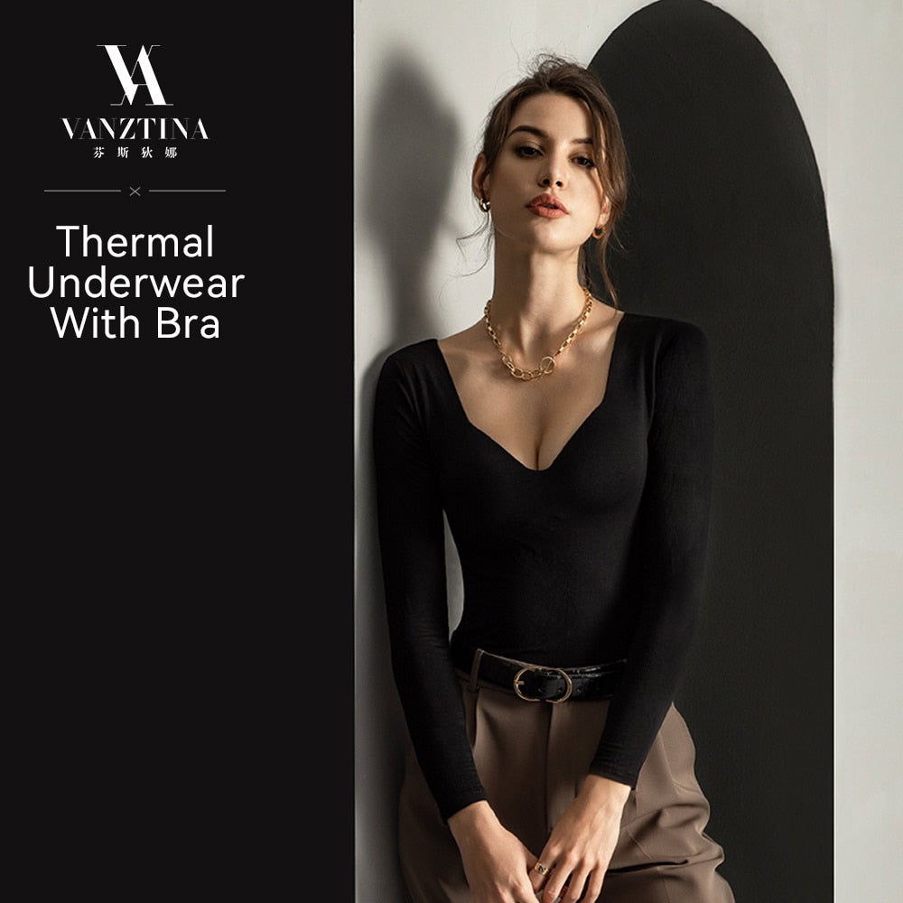 VANZTINA Women's thermal underwear with push up bra winter Thermo lingerie ropa termica warm deep V Neckline base shirt