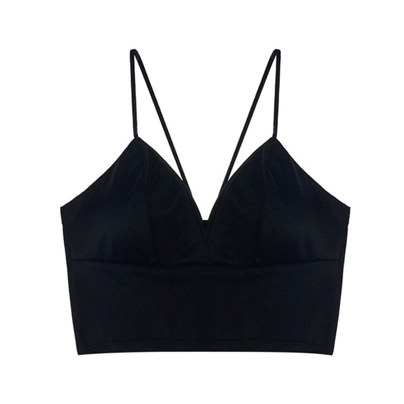 Sexy Satin Crop Tops Women Wireless Bralette Crochet Top Female Spaghetti Strap T-shirt Cropped With Chest Padded Camisole Camis