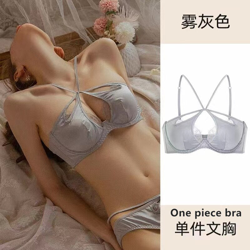 Women's sexy underwear thin section small chest push up bra hanging neck beautiful back soft steel ring French bra set