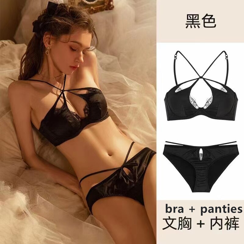 Women's sexy underwear thin section small chest push up bra hanging neck beautiful back soft steel ring French bra set