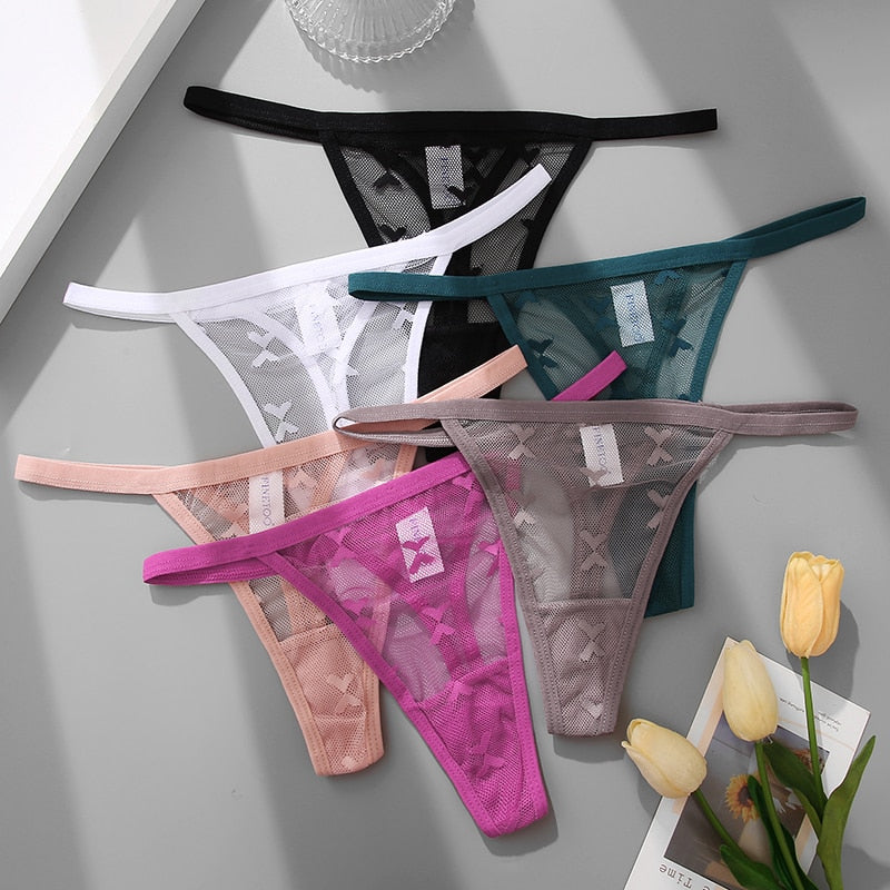 6PCS/Set Sexy Mesh Women's Thongs Transparent Women Panties Underwear Solid G-String Female Underpants Intimates Lingerie S-XL