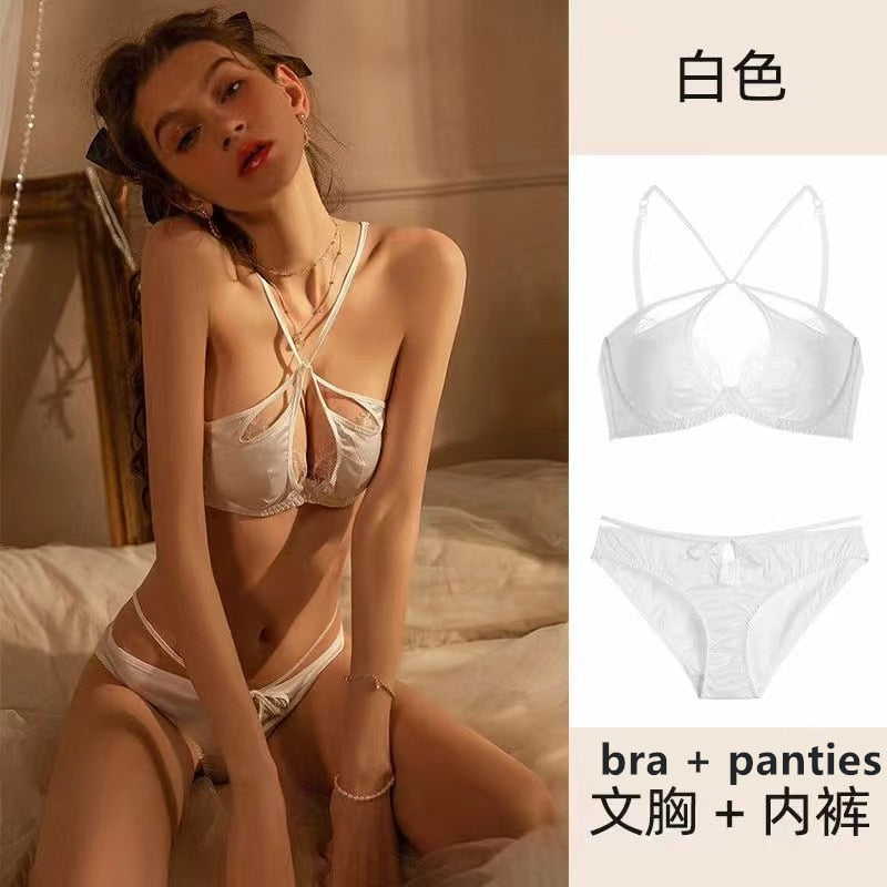 Women's sexy underwear thin section small chest push up bra hanging neck beautiful back soft steel ring French bra set