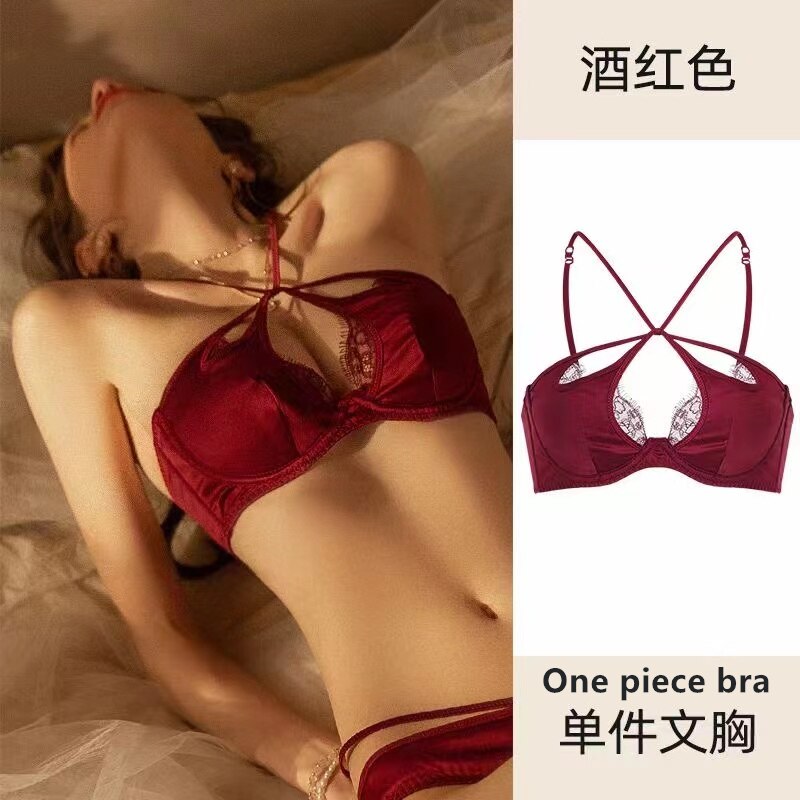 Women's sexy underwear thin section small chest push up bra hanging neck beautiful back soft steel ring French bra set