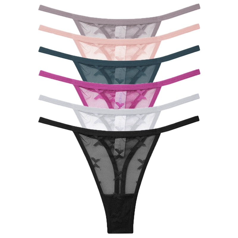 6PCS/Set Sexy Mesh Women's Thongs Transparent Women Panties Underwear Solid G-String Female Underpants Intimates Lingerie S-XL