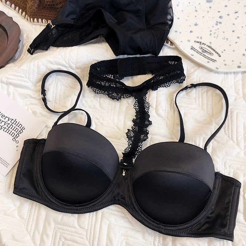 Black sexy satin soft underwire bralette small chest push up half cup bra set halter neck lace underwear lingerie suit