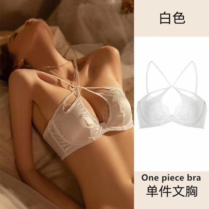 Women's sexy underwear thin section small chest push up bra hanging neck beautiful back soft steel ring French bra set