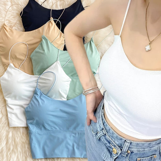 Summer Bra Ice Silk Crop Tops Sports Spaghetti Strap Vest Top Women Sexy Built In Bra Off Shoulder Sleeveless Camisole Underwear