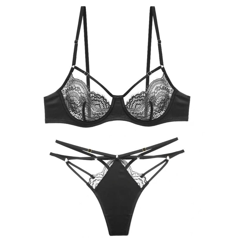 Hollow Perspective Women Sexy Lingerie Set Half Cup Lace Underwire Bra+ Panty Set Ultra-thin Bralette Without Inserts