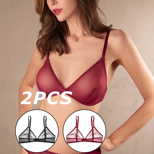 Women see through lace sexy underwear ladies transparent breathable comfortable wire free bra 2PCS