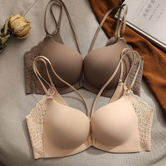 Japanese Beautiful Back Front Button Bra Set No Steel Ring Underwear Women's Small Chest Is Large Thickened Flat Chest No Trace