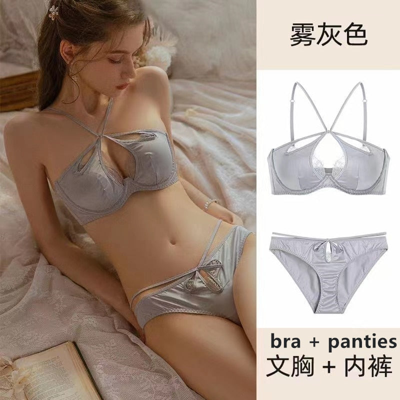 Women's sexy underwear thin section small chest push up bra hanging neck beautiful back soft steel ring French bra set