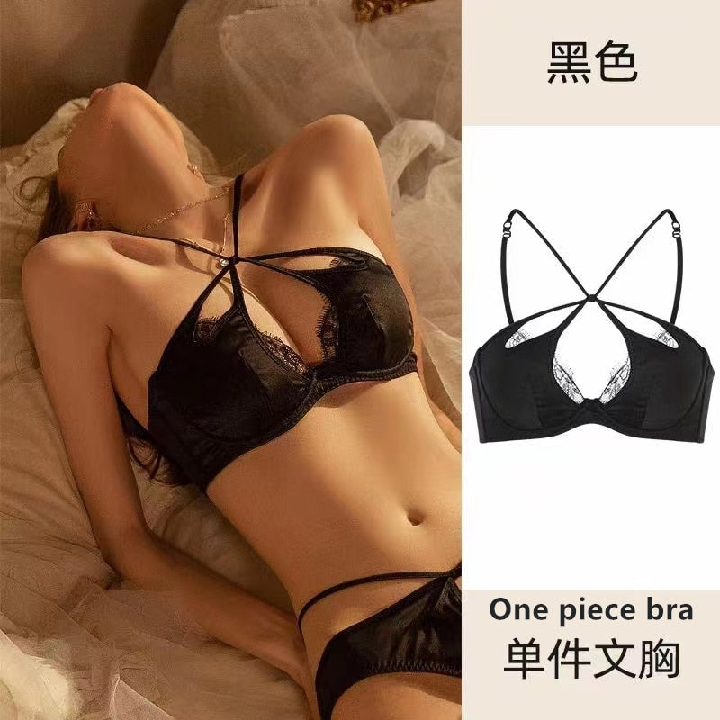 Women's sexy underwear thin section small chest push up bra hanging neck beautiful back soft steel ring French bra set