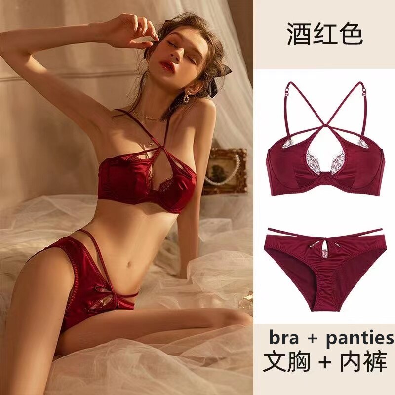 Women's sexy underwear thin section small chest push up bra hanging neck beautiful back soft steel ring French bra set