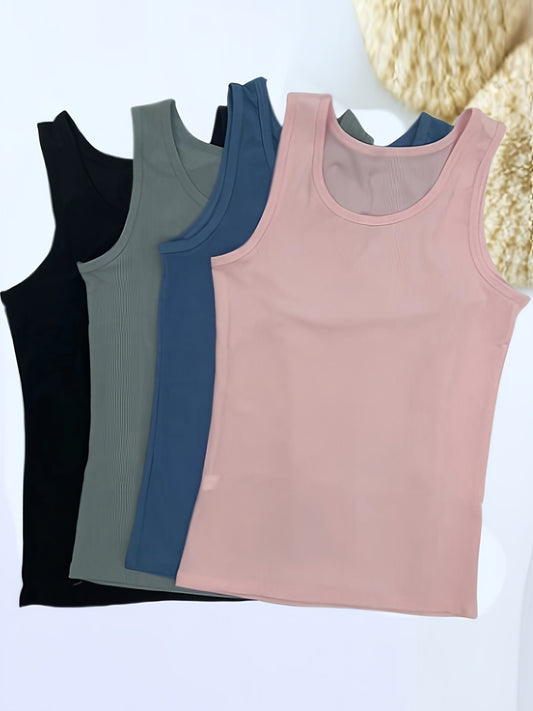 4pcs Solid Ribbed Tank Tops, Comfy & Breathable Crew Neck Top, Women's Lingerie & Underwear