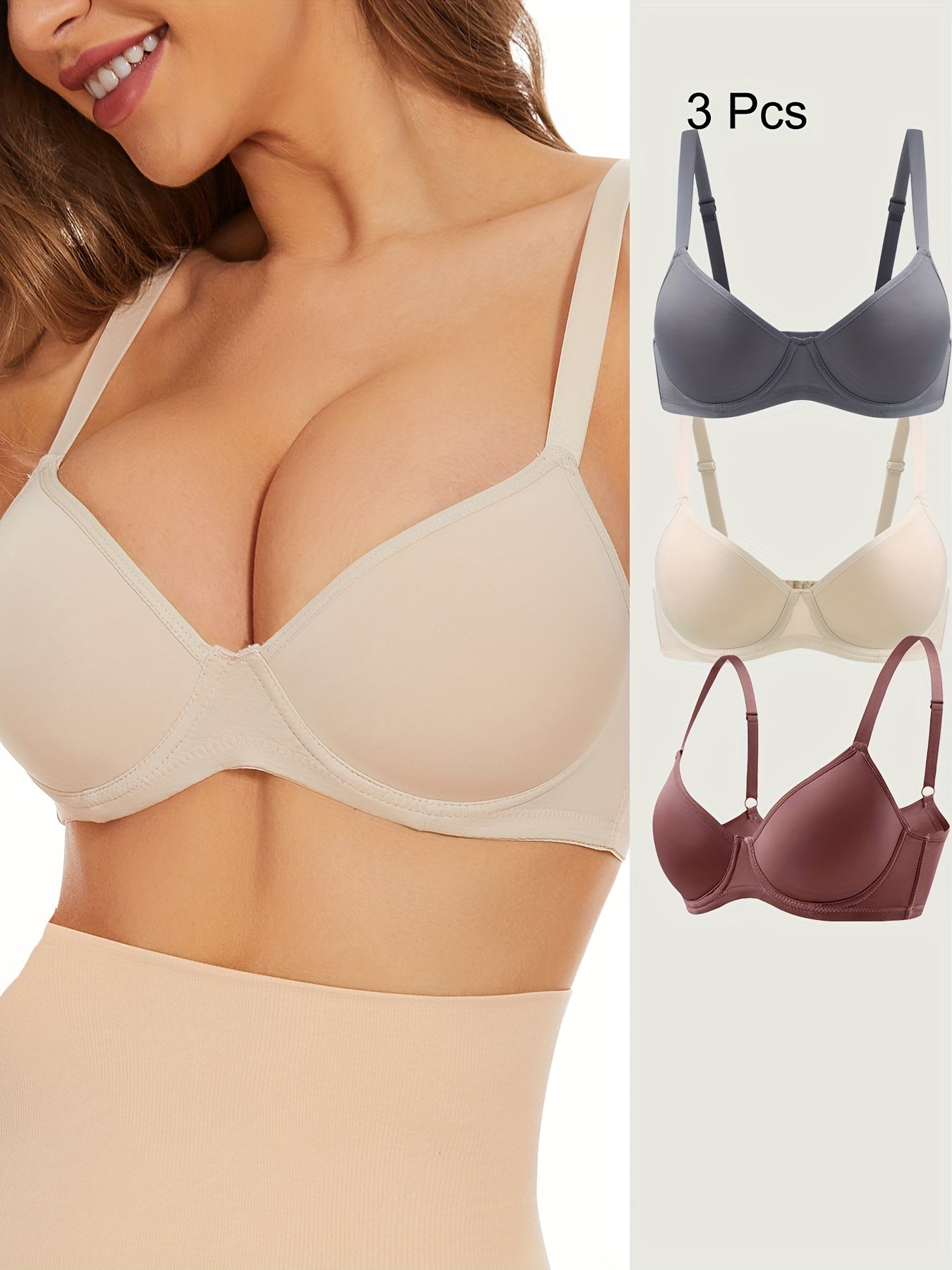 3pcs Simple Solid Push Up Bras, Comfy & Breathable Everyday T-Shirt Bra, Women's Lingerie & Underwear