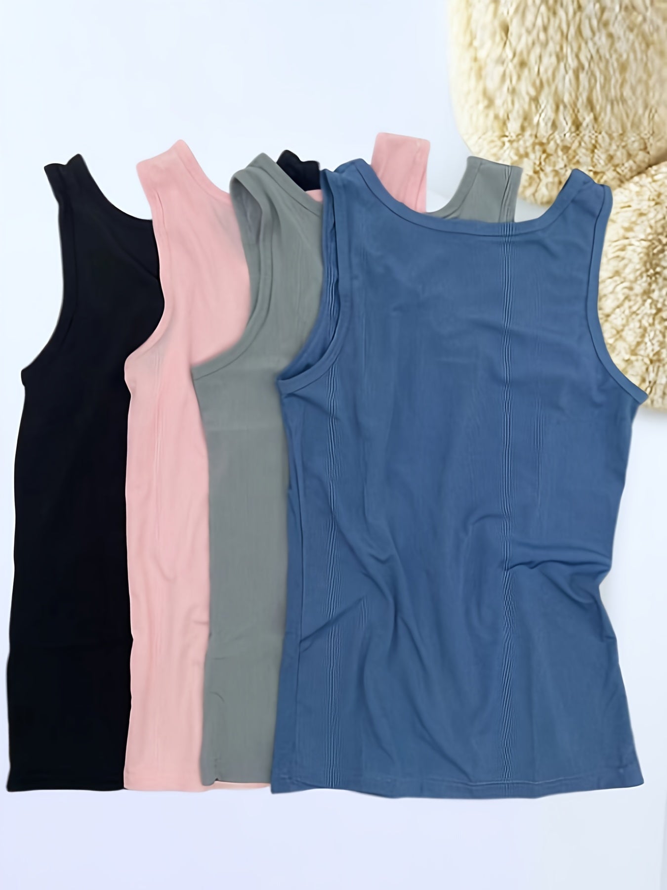 4pcs Solid Ribbed Tank Tops, Comfy & Breathable Crew Neck Top, Women's Lingerie & Underwear